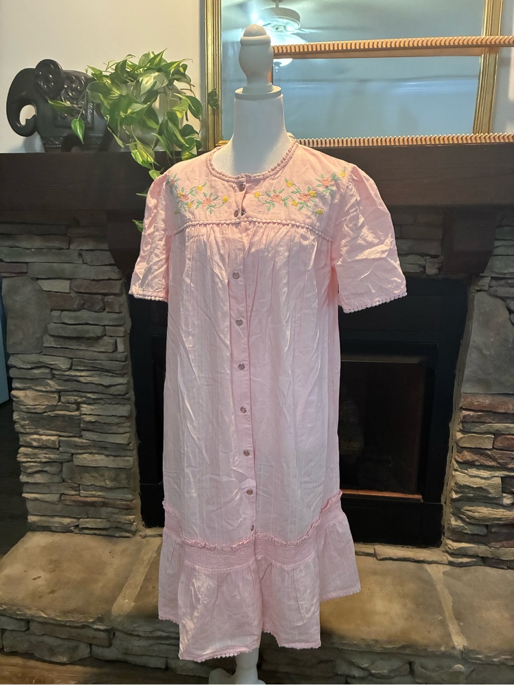 National Pink Embroidered Button-Front Nightgown